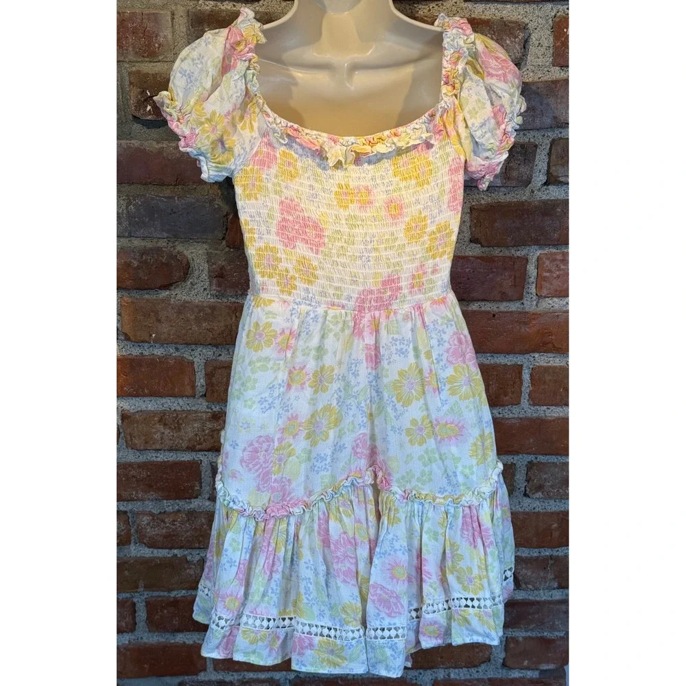 Altar'd State Floral Mini Dress XS Pastel Cottagecore Puff Sleeve - Picture 6 of 8
